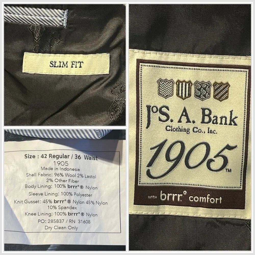 Jos A Bank 1905 Brrr Comfort 40-42R 32x30 Slim Gray Burgundy Glen Plaid Suit